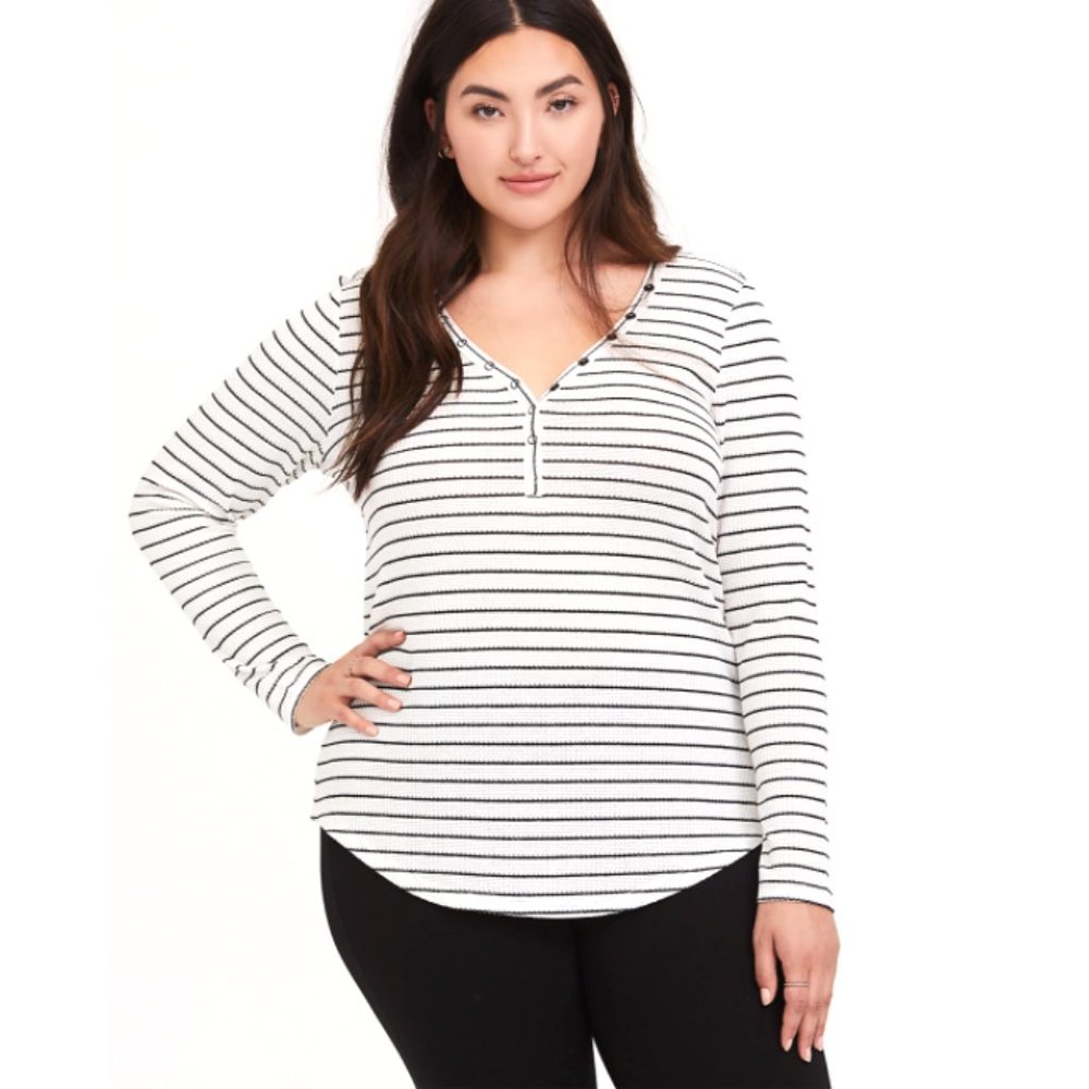 Torrid Black & White Stripe Waffle Knit Henley 1